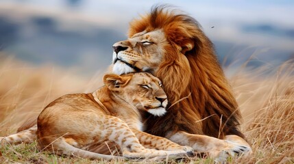 Sticker - This proud male aftican lion is cuddled by his cub during an affectionate moment.