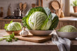 Two heads of cabbage on a wooden cutting board in a kitchen