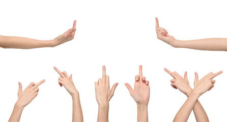 Wall Mural - Female hands showing a gesture of fuck off from different angles, isolated on transparent background, png file