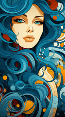 Wall Mural - Abstract Art Portrait of a Woman with Swirling Blue Patterns

