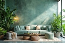 Modern loft living room interior design and green pattern wall background