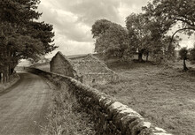 Yorkshire Dales Scene, With A Country Road, Dry Stone Walls, And A Stone Ruin Near, Airton, Yorkshire, UK  (Sepia Version)