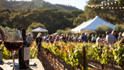 Enthusiastic attendees savoring a rich red wine while surrounded by vineyard displays at a Wine Fair