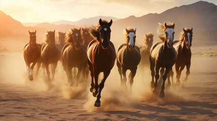 Wall Mural - group of horses running gallop in the desert.