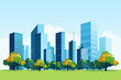 Modern metropolis. Business district of the city. Tall skyscrapers and office buildings against a background of green grass and trees. Eco-friendly city.