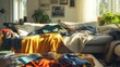 Sunny Living Room with Knitted Throws and knitted clothes are scattered on a Comfortable Couch