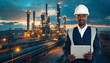 Black engineer with tablet computer on a background of gas plant