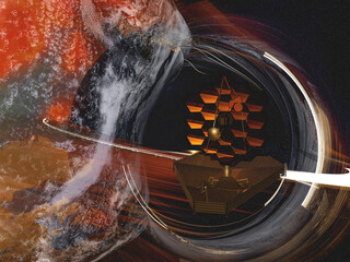 Wall Mural - james webb telescope in outer space near red planet and black hole with light sparks. elements of th