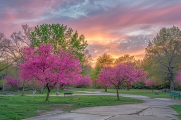 Wall Mural - a park with beautiful pink blossom trees in the sunrise Generative AI