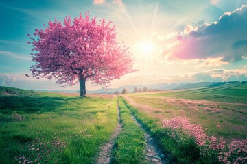 Wall Mural - a pink tree is lined with green grass and grass in sun Generative AI