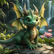 adorable cutest dragon kid seating at stone near waterfall around flowers.  AI generated