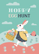 Hoppy Egg Hunt fancy Easter game vector poster. Basket, Easter eggs, rabbit footprints cartoon illustration. Bunny inviting children to egg hunt game. Festive family event play invitation background