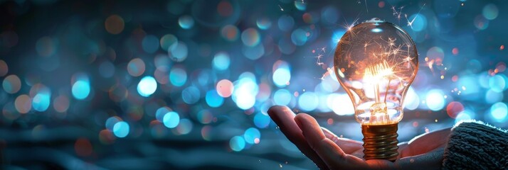 Poster - Hand Holding a Light Bulb Against a Bokeh Background - Creativity, Innovation, Energy Ideas