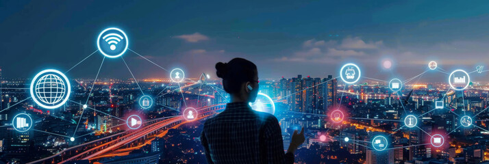 Poster - Futuristic Urban Connectivity Concept - A silhouette against a digitally connected cityscape symbolizing advanced urbanization and the internet of things.