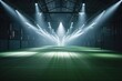 Dramatic view of an empty indoor soccer field, brilliantly illuminated by intense spotlights, highlighting the artificial turf and ambiance of the arena.