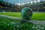 Fototapeta Sport - A close-up of a wet soccer ball on the grass field under the stadium lights at night, capturing the ambiance of an evening game.