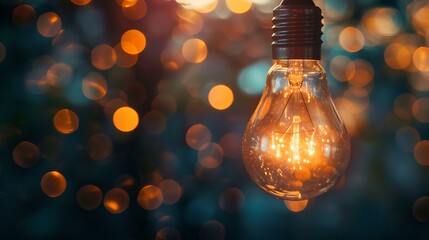 Poster - Glowing light bulb hanging against a blurry blue backdrop, symbolizing ideas and innovation. focus on the bright filament. ideal for creative concepts. AI