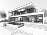 Fototapeta Sport - Black and white architectural sketch of a modern residential house with large windows and an outdoor pool, highlighting the design details.