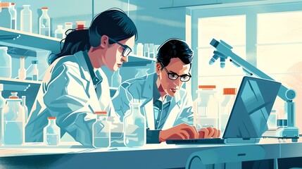 Aufkleber - Illustration of two scientists engaged in research in a modern laboratory. detailed and colorful style depicts a professional work environment. AI
