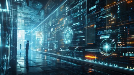 Poster - Futuristic Data Center Dynamics - A digital illustration of a data center with glowing lights and advanced technology, representing high-speed data processing and futuristic computing