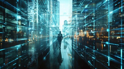 Poster - Futuristic Urban Digital Interface - A city dweller navigates through a digitized urban environment