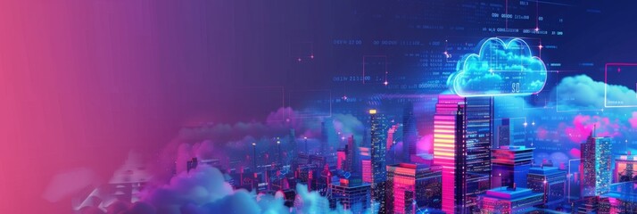 Poster - Digital Cloud Network City - A digital art piece showcasing a cloud network over a futuristic city, conveying ideas of connectivity and modern urban life.