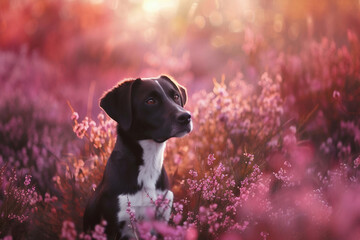 Wall Mural - Portrait of border collie dog sitting in flower field at sunset