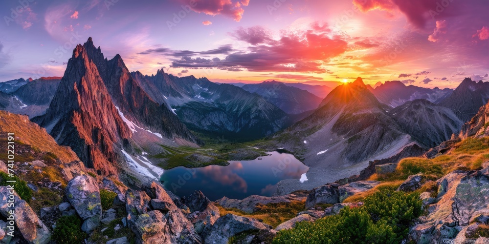 The panorama captures a breathtaking sunset casting golden hues over a ...