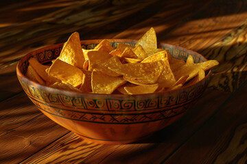 Wall Mural - Mexican nachos chips in clay bowl on rustic background