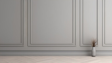 Wall Mural - Fragment of an interior made of classic gray panels. Gray wall background with copy space in an empty room with gray parquet floor. Classical wall molding decoration in modern empty luxury home