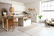 © Pixel-Shot - Interior of modern kitchen with white furniture and island table