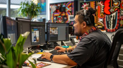 Poster - A focused man sits at his desk, surrounded by computer screens and electronics, immersed in his job within the walls of his office building