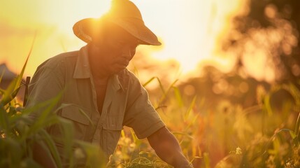 Wall Mural - Under the warm summer sun, a lone figure stands in a field, their face illuminated by the golden light as they admire the vibrant crops and endless sky