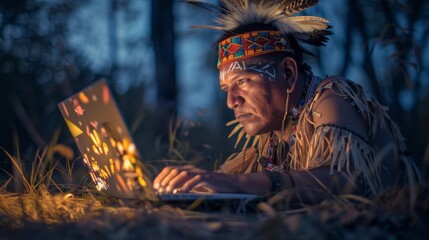 Poster - A man in a traditional garment sits outdoors, his face illuminated by the glow of a laptop screen as he connects to the modern world