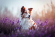 Portrait of a beautiful dog in the field of flowers.