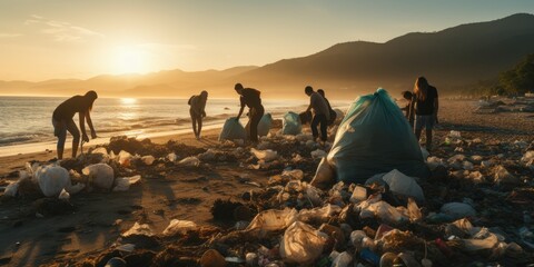 A group of volunteers collects trash on the beach. The theme of ecology