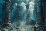 Fototapeta  - Dive into the depths to behold the mythical lost city of Atlantis, a sunken paradise beneath the waves. Explore grand underwater structures, mysterious ruins, and a sense of ancient glory as underwate