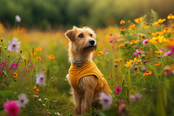 Wall Mural - Portrait of a beautiful dog in the field of flowers.