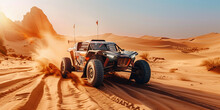 A High-speed Off-road Vehicle Kicks Up A Trail Of Sand While Racing Through A Desert Landscape Under A Clear Sky.
