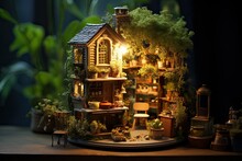 Miniature Toy House. Decorated With Flowers And Lights. Furnished Doll House. Dream House Mini Model. Children Toy. Fairy Tale House.