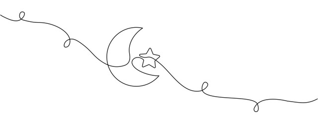 Poster - Line drawing of moon with star. Muslim symbol in style of continuous editable linear drawing.Vector illustration