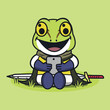 cartoon cute frog knight happily fiddling with a phone
