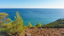 View At The Horizon Over Blue Ocean Waves Under A Clear Blue Sky With Trees Of The Coast In Foreground, Algarve, Portugal
