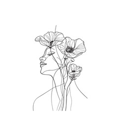 Wall Mural - Elegant line drawing of a female with flowers. Illustration for invites and cards