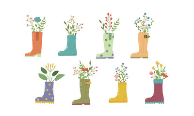 Hello spring. Cute rain boots set with flowers plants. Hand drawn spring print, card, poster ,flat style on white background for your design.