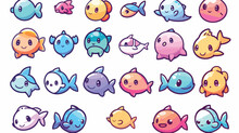 Fish Icon Set. Cute Kawaii Cartoon Funny Baby 
