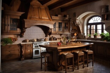 Wall Mural - Traditional rustic kitchen with wooden cabinetry, marble countertops, and natural lighting through a large window..