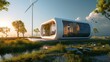 A house surrounded by natural landscape, with solar panels and wind turbines, blending art and sustainability in the modern world. AIG41