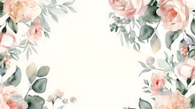 Watercolor Floral Illustration Background. Leaf And Flower Frame, Border For Wedding Stationary, Valentine Day, Greetings, Spring Poster, Wallpapers, Background For Text