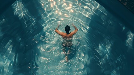 Swimmer man in water top view. Man swimming in pool aerial view